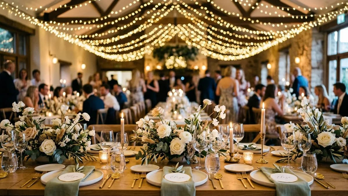 Modern wedding setup with elegant technology integration and warm ambient lighting