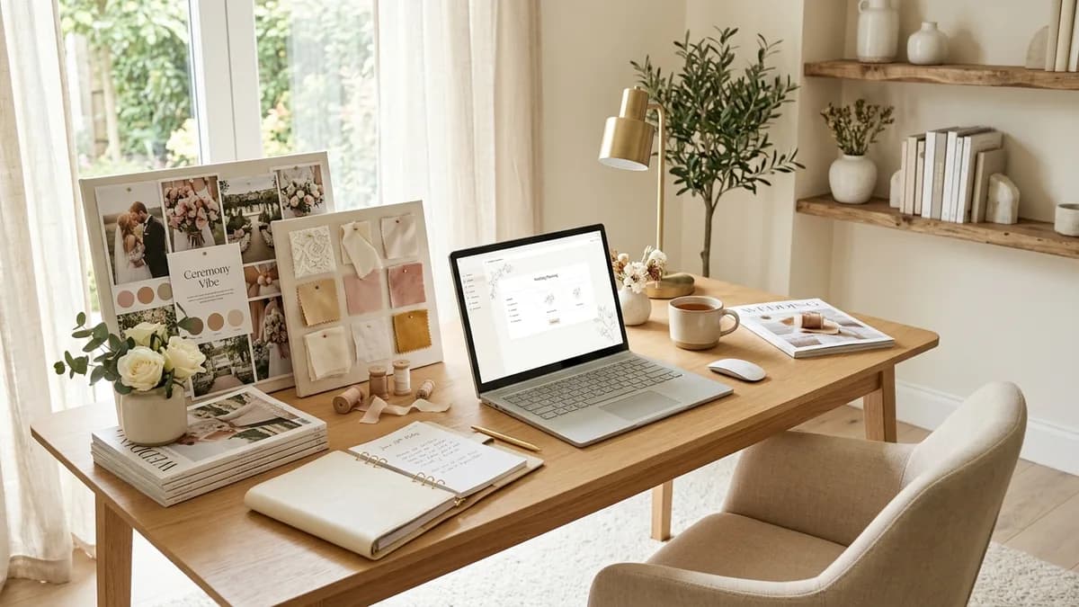 Organized wedding vendor workspace with a laptop showing a clean CRM dashboard
