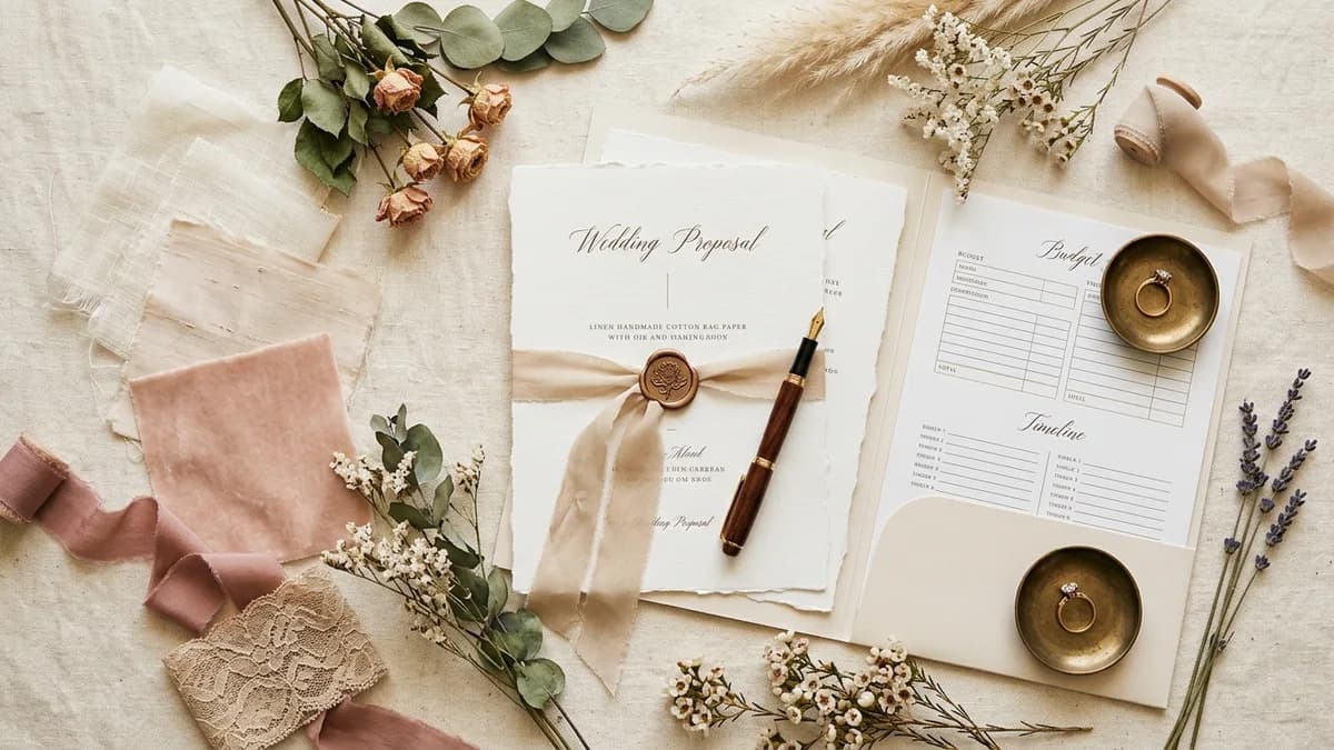 Elegant wedding mood board with proposal documents and pricing details artfully arranged