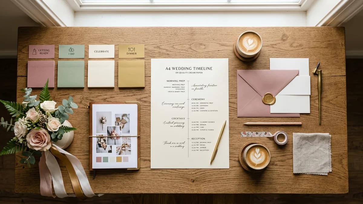 Elegant wedding planning workflow visualization with milestone markers and warm tones