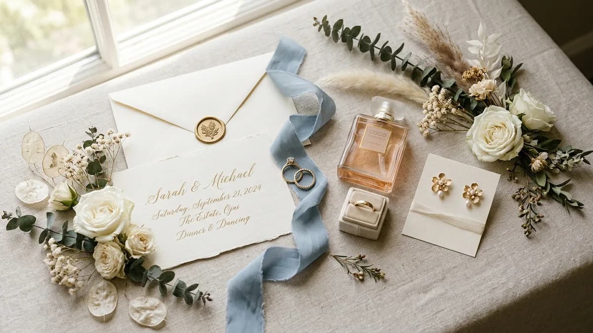 Creative flat lay of wedding details styled for social media photography with soft natural lighting
