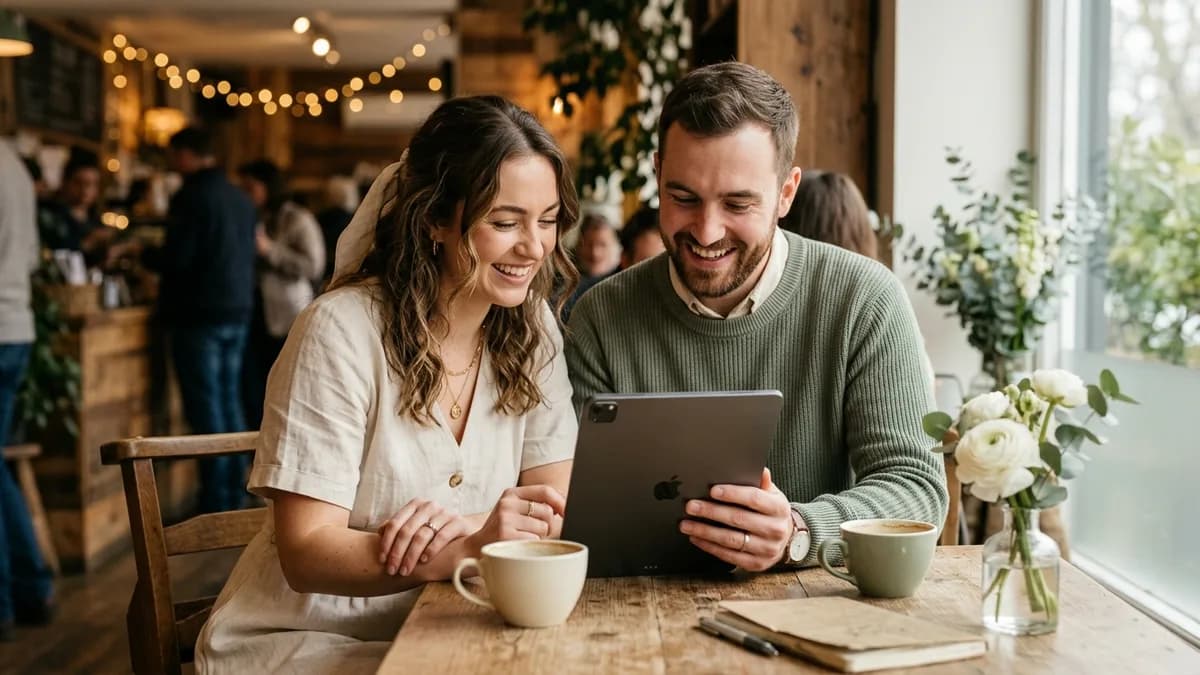 Happy couple planning their wedding together with a tablet showing vendor options