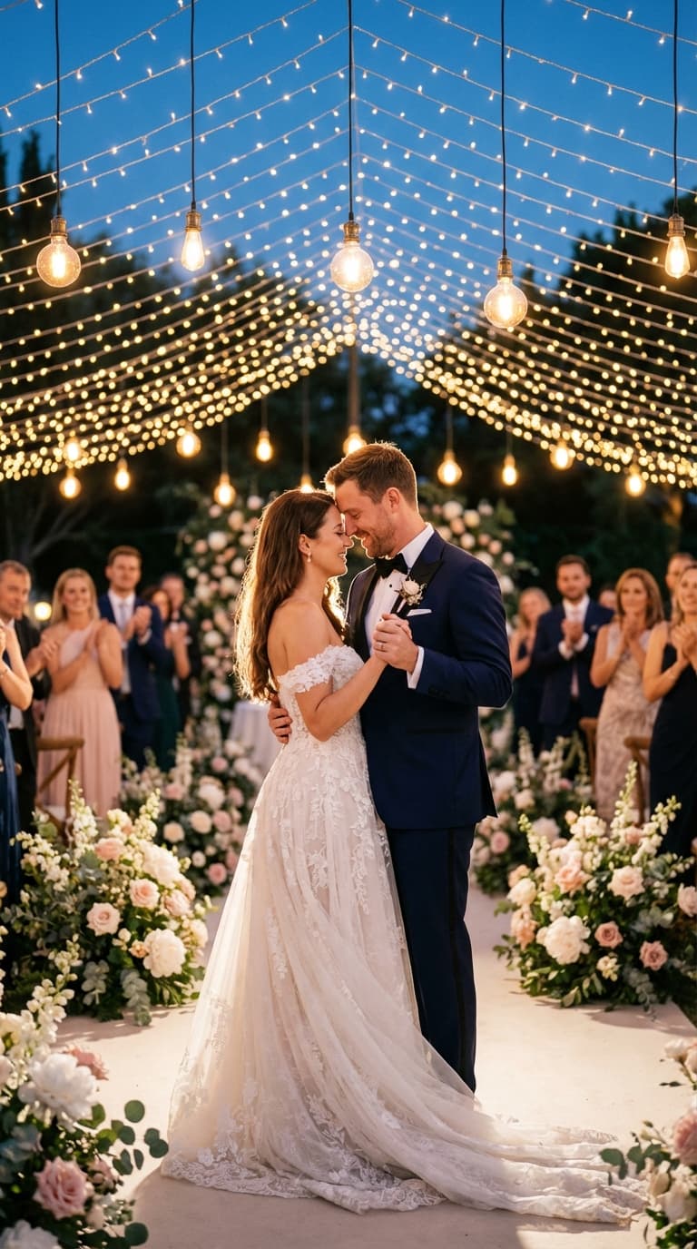 Couple dancing at their wedding reception under string lights