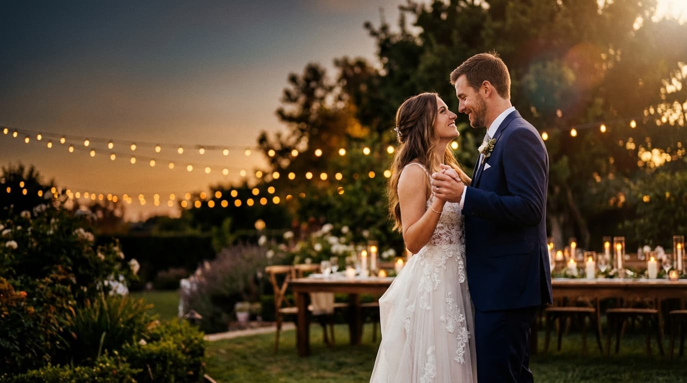 Couple dancing at their wedding reception under string lights