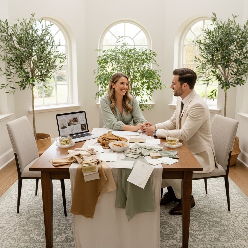 Wedding planner consulting with a happy couple over fabric swatches and invitations