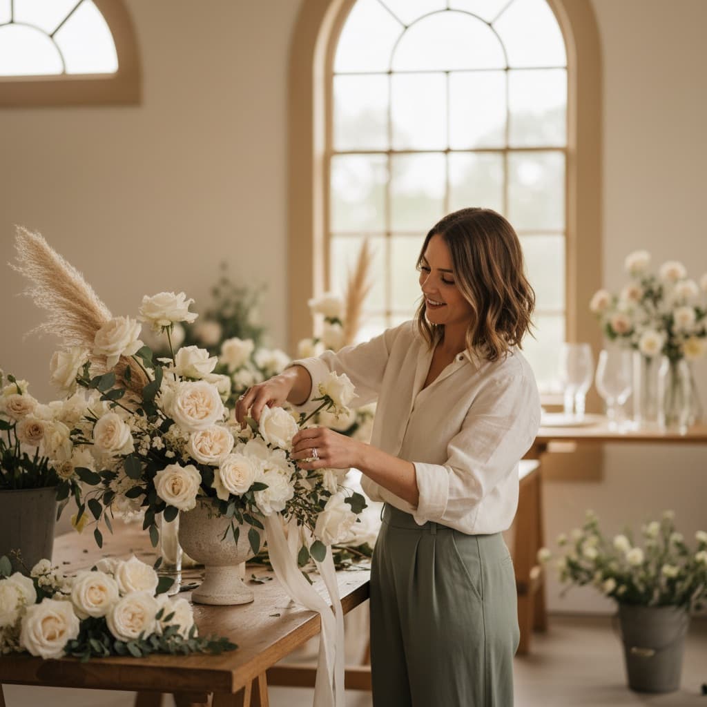 Florist confidently arranging a luxury wedding centerpiece in her studio