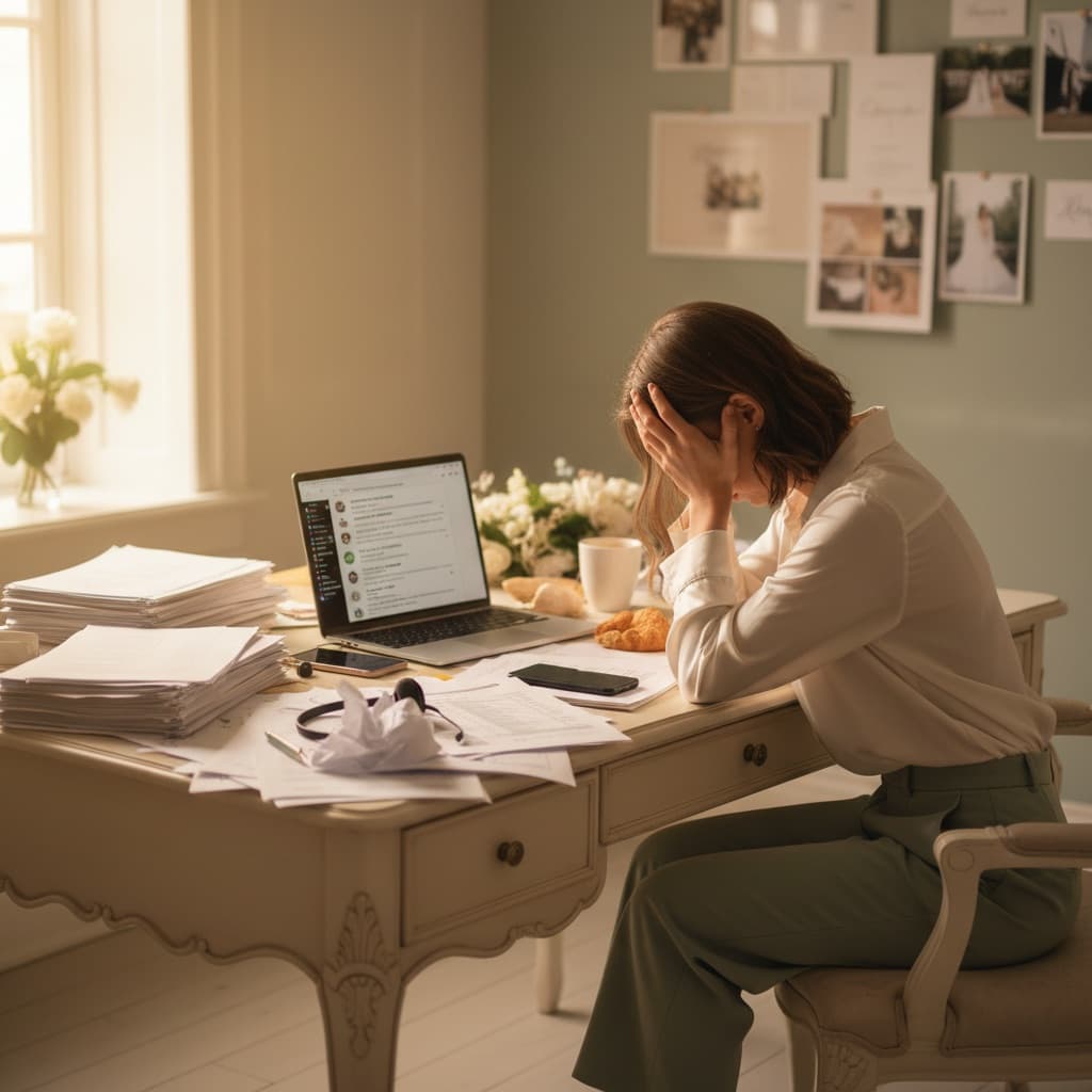 Wedding planner overwhelmed at desk with unanswered emails and paperwork